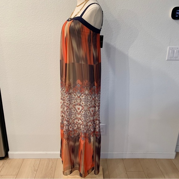 Bebe Orange Blue Floral Boho Printed Chiffon Babydoll Maxi Dress - Picture 4 of 14